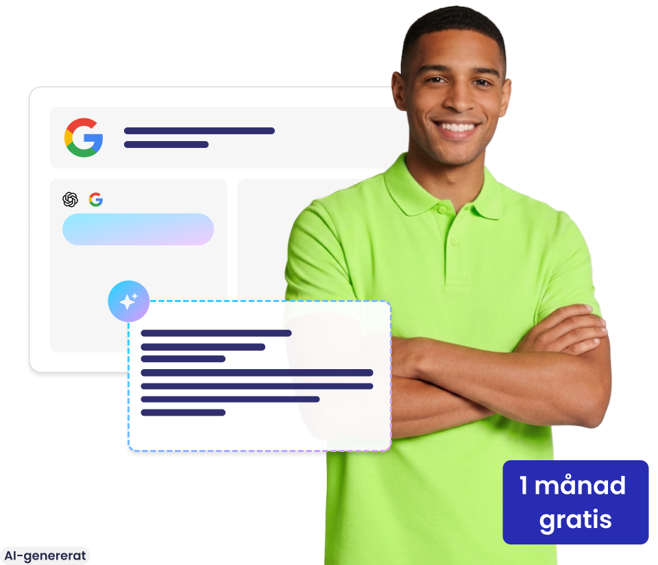 Leende ung man, bredvid en Google-sökning och ett AI-textfält