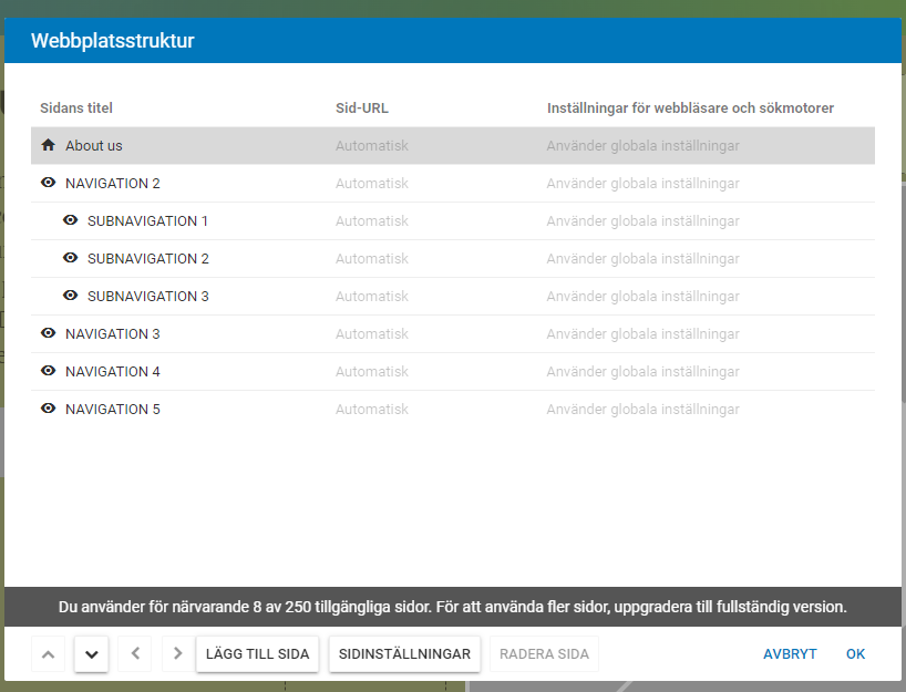 Definiera webbplatsens struktur i STRATO Sitebuilder