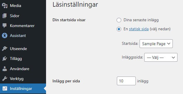 Ställ in läsinställningar för att skapa en sidstruktur i WordPress