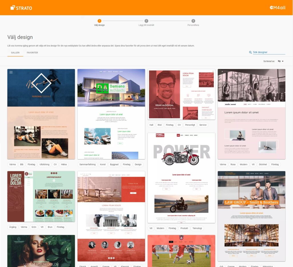 Översikt i STRATO Sitebuilder över designmallar
