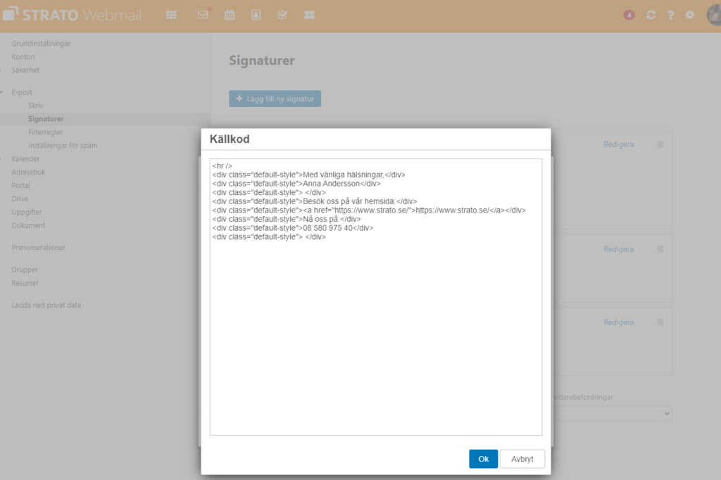 Formatera din e-postsignatur med HTML i STRATO Webmail