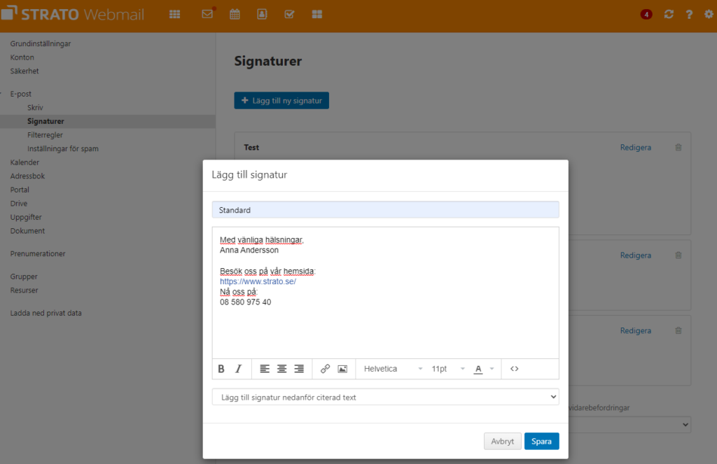 Lägg till e-postsignatur i STRATO Webmail