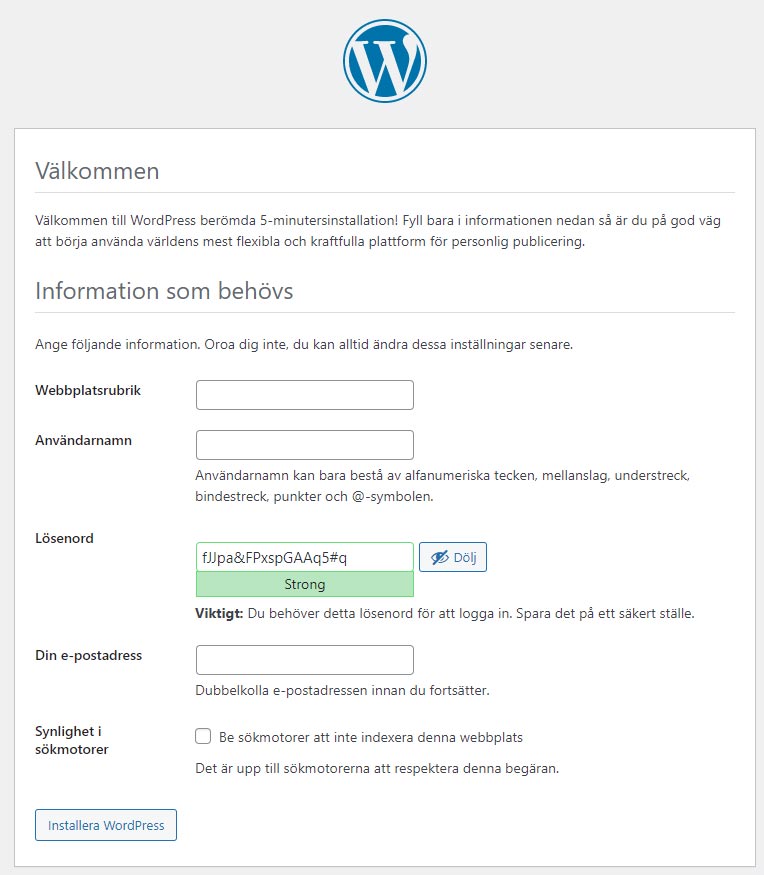 Ange nödvändig information för att installera WordPress