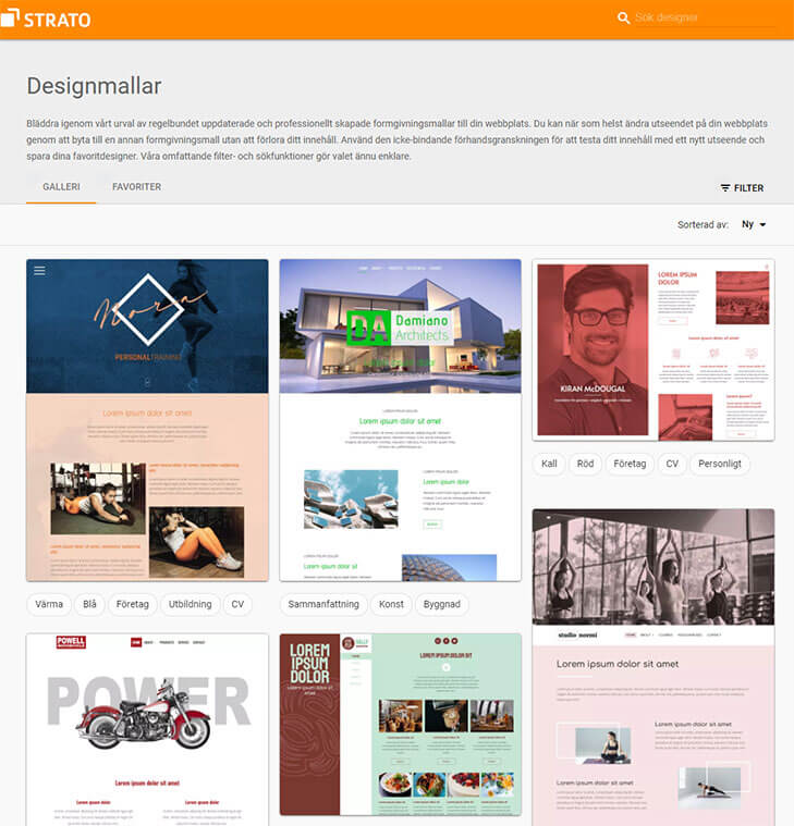 Översikt av valbara designmallar i STRATO Sitebuilder