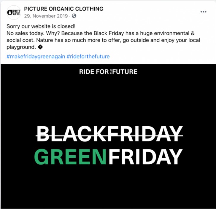 Ett Instagram-inlägg från Picture Organic Clothing som säger att deras webbshop är stängd med anledning av Green Friday
