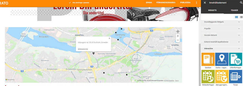 Widget med karta/vägbeskrivnng till företagsadress i STRATO Sitebuilder