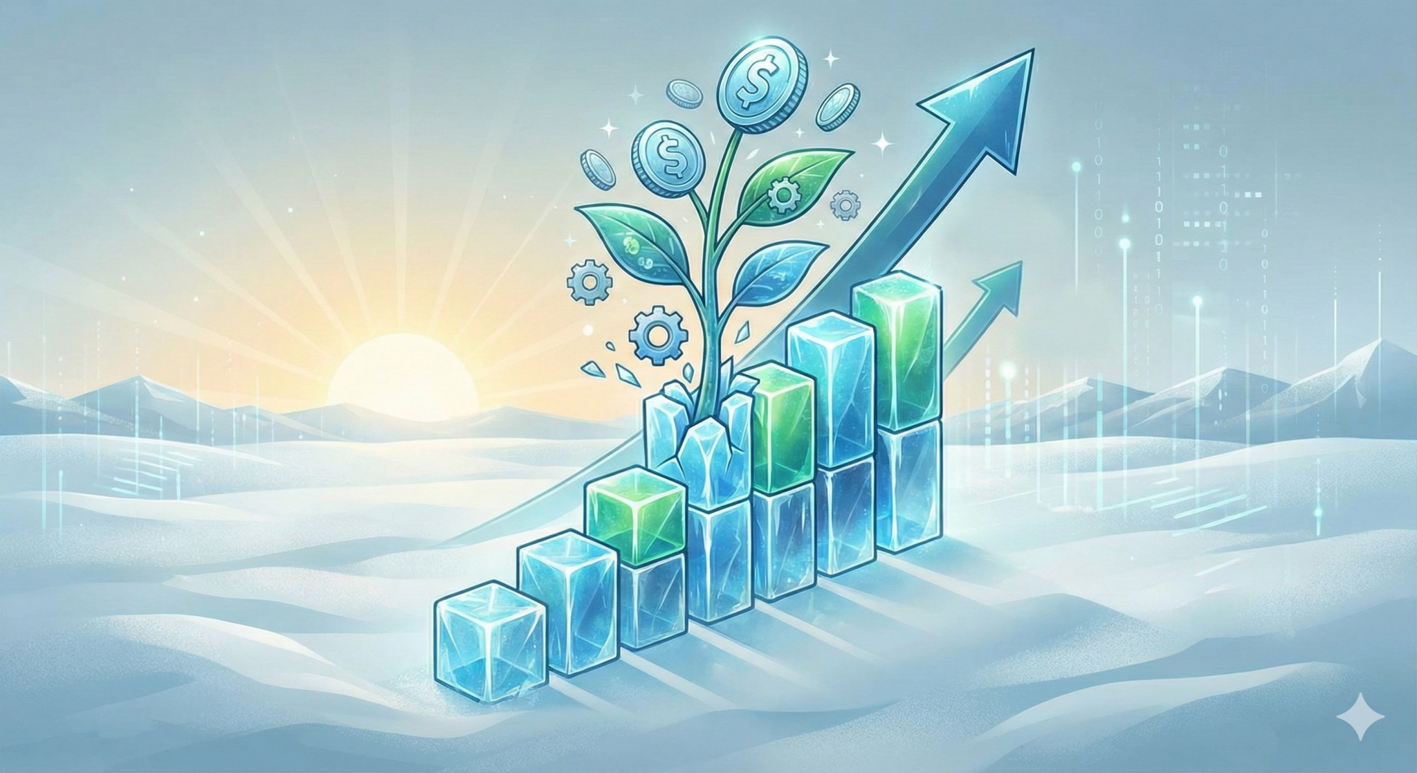 A rising graph with a plant growing out of it in front of snowy montains