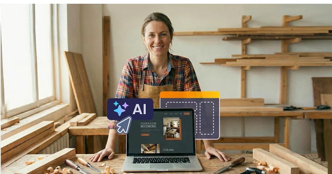 Kvinna som visar sin webbplats med hjälp av AI