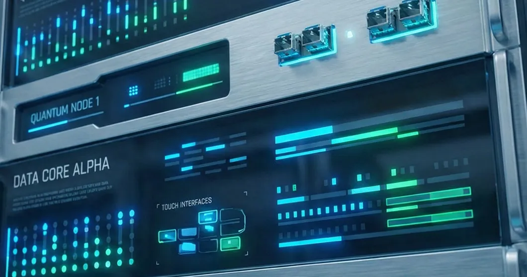 En modern serverhall hos STRATO med lysande detaljer i grönt och blått.