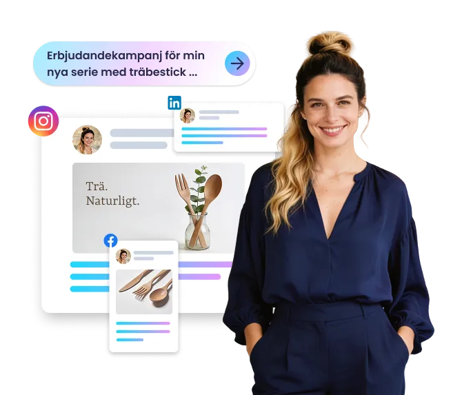 Ung kvinna visar upp olika inlägg för sociala medier i flera kanaler